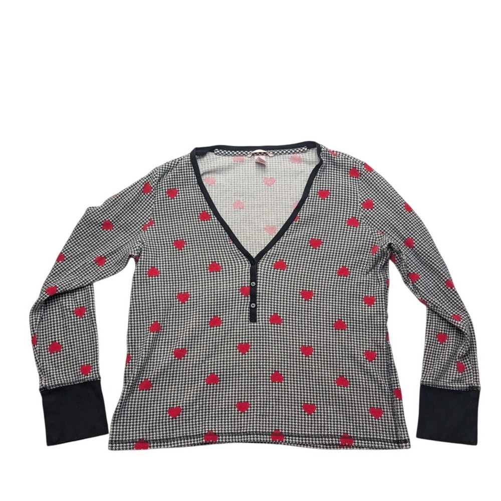 Victoria's Secret Pajama Top Women Large Black Houndstooth Red Heart Thermal L